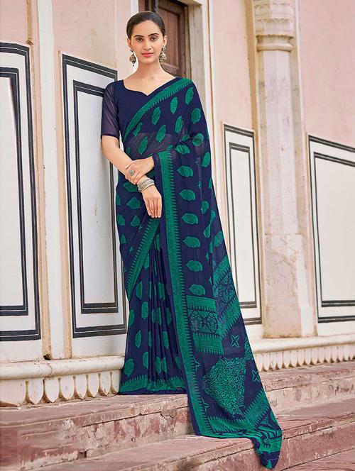 self -design printed saree with blouse - 19505234 - Very Small Image - 1