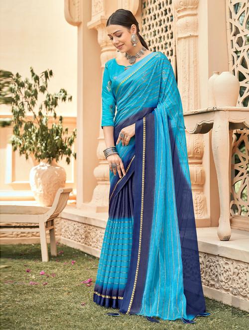stripe printed saree with blouse - 19505270 - Very Small Image - 1
