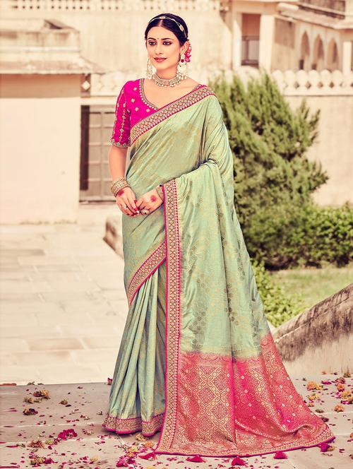 embroidered border gold printed saree with blouse - 19505333 - Very Small Image - 1