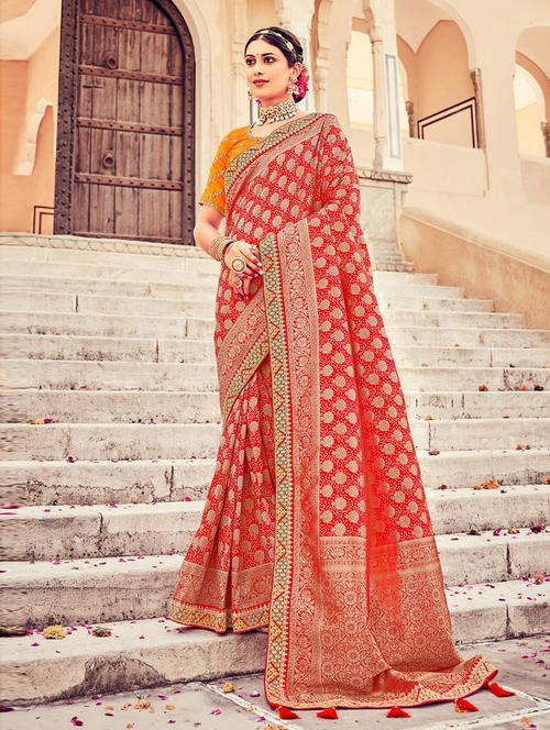 embroidered border gold printed saree with blouse - 19505334 - Very Small Image - 1