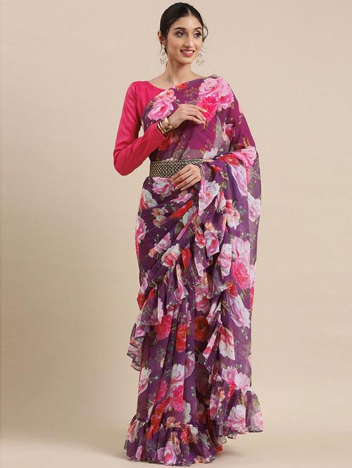 purple printed saree with blouse - 19505464 - Very Small Image - 1