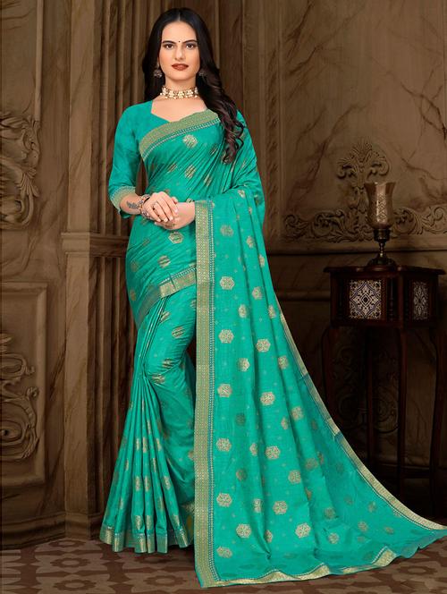 turquoise printed saree with blouse - 19505478 - Very Small Image - 1
