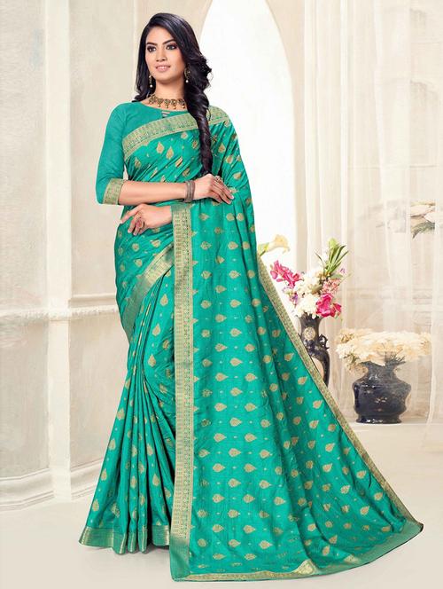 turquoise self design bordered saree with blouse - 19505497 - Very Small Image - 1