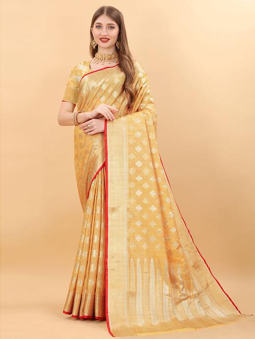 yellow self design woven saree with blouse - 19505507 - Very Small Image - 1