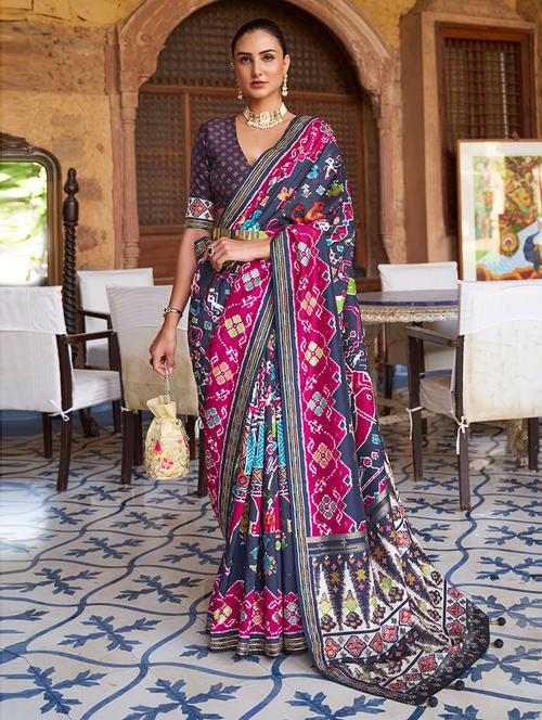 blue printed saree with blouse - 19505518 - Very Small Image - 1