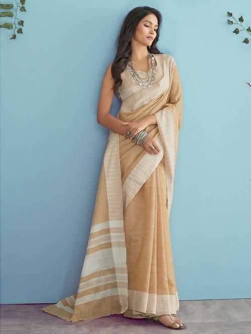 beige plain self design saree with blouse - 19505528 - Very Small Image - 1