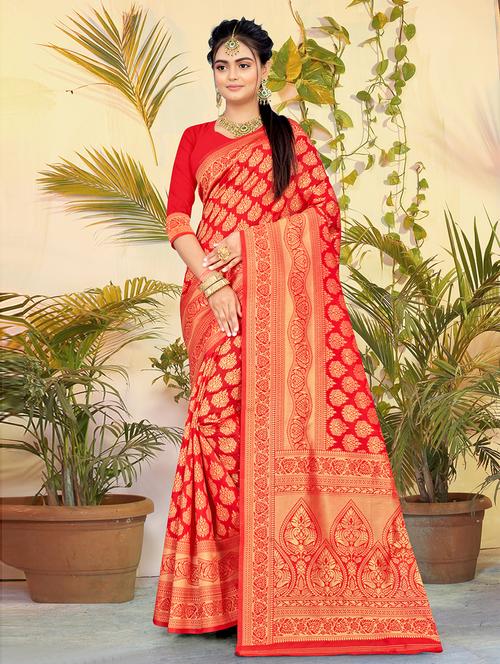 red self design woven saree with blouse - 19505532 - Very Small Image - 1