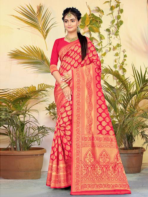 red self design woven saree with blouse - 19505536 - Very Small Image - 1