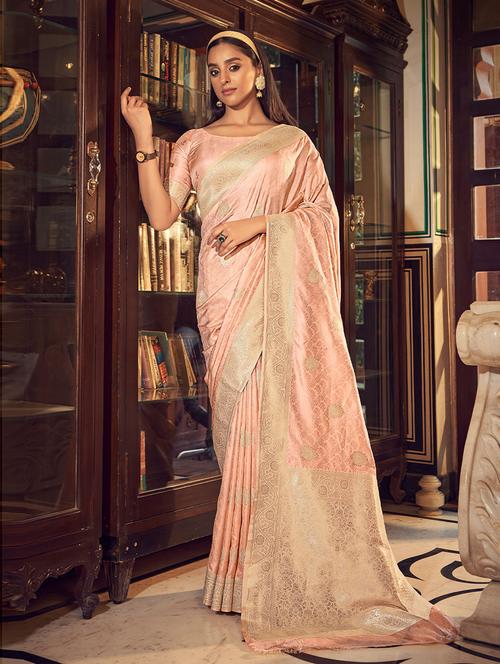 peach self design woven saree with blouse - 19505554 - Very Small Image - 1