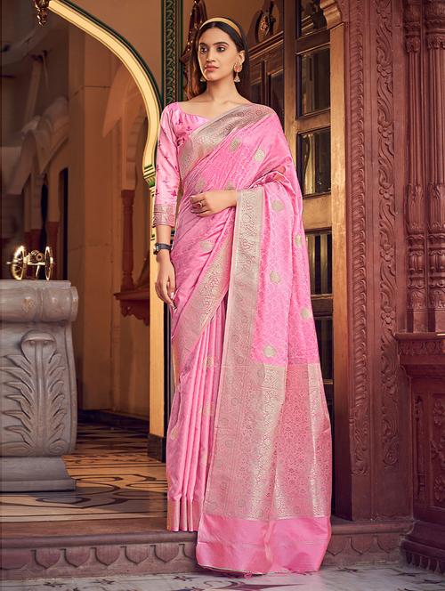 pink silk woven printed saree with blouse - 19505558 - Very Small Image - 1