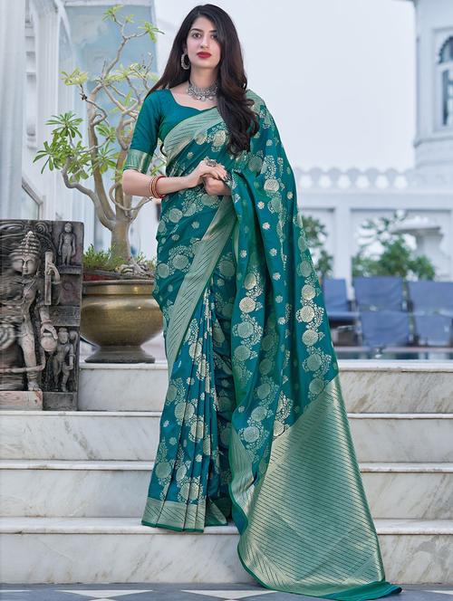 teal self design woven saree with blouse - 19505562 - Very Small Image - 1