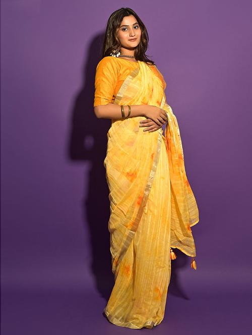 yellow cotton woven saree with blouse - 19505566 - Very Small Image - 1