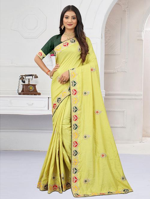 yellow silk embroidered saree - 19505583 - Very Small Image - 1