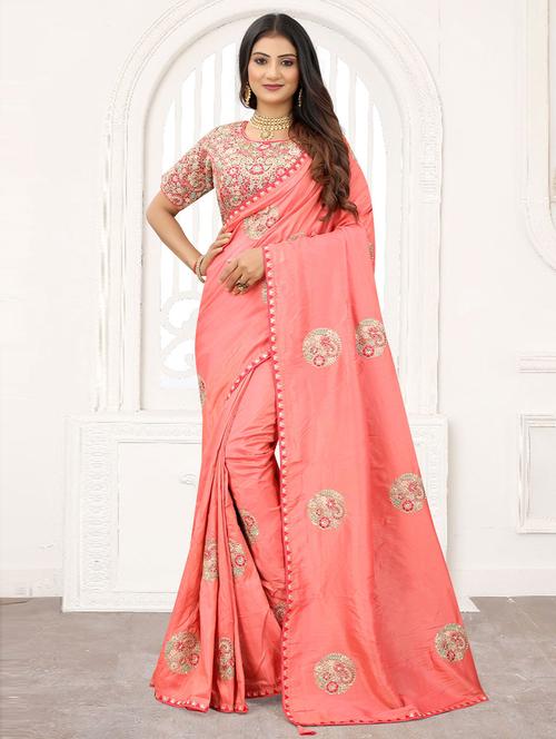 peach self design embroidered saree with blouse - 19505601 - Very Small Image - 1