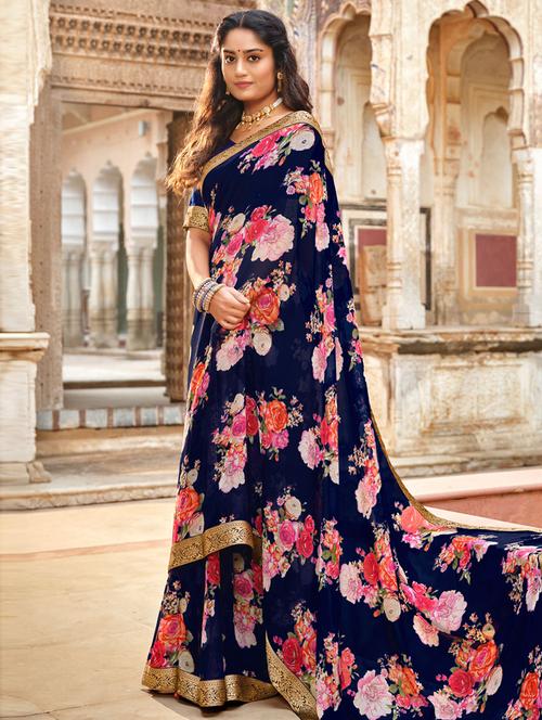 blue printed saree with blouse - 19505621 - Very Small Image - 1