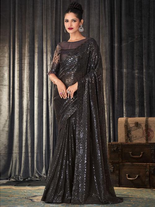 sequin work embroidered saree with blouse - 19505700 - Very Small Image - 1