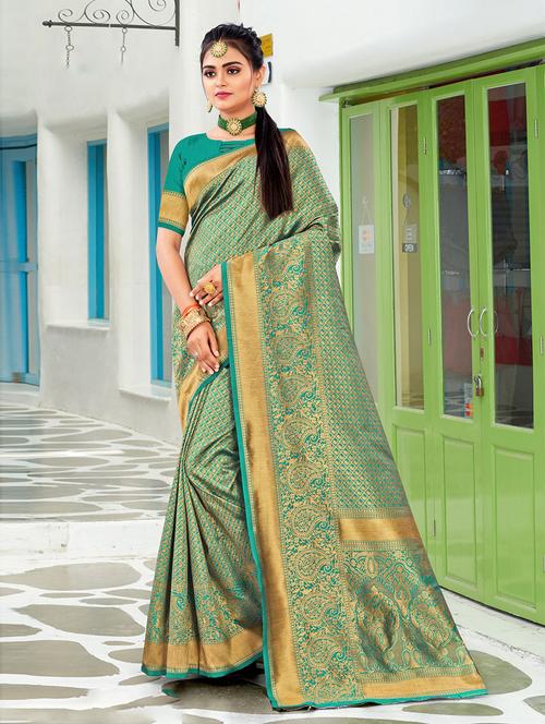 paisley print banarasi saree with blouse - 19505713 - Very Small Image - 1
