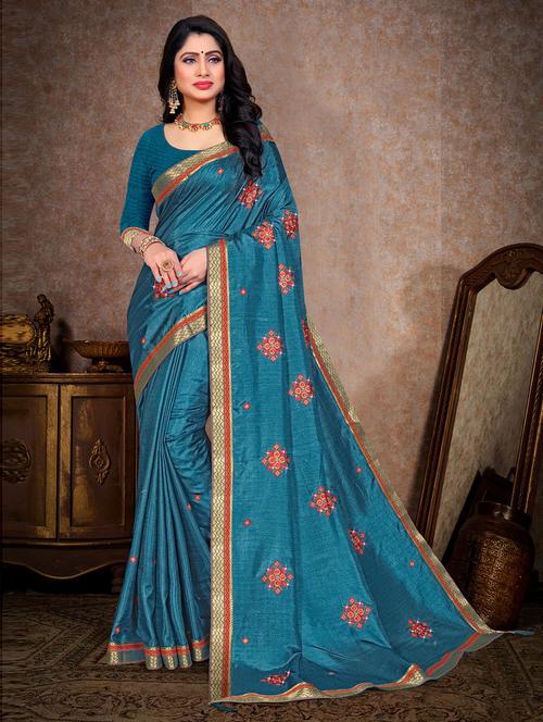 embroidered bordered saree with blouse - 19505722 - Very Small Image - 1