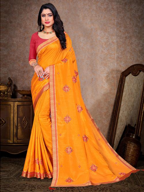embroidered bordered saree with blouse - 19505726 - Very Small Image - 1