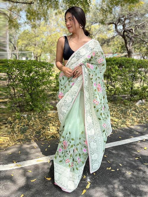 chikankari floral printed saree with blouse - 19505730 - Very Small Image - 1