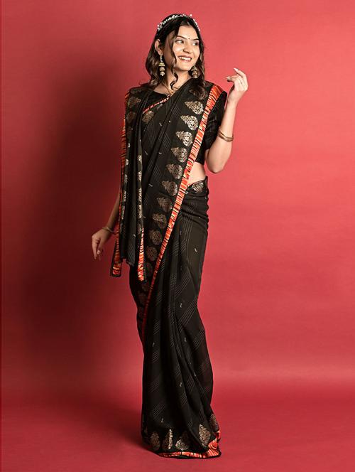 stripes print bordered saree with blouse - 19505777 - Very Small Image - 1