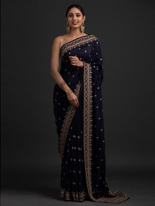 solid embroidered saree with blouse - 19505800 - Very Small Image - 1