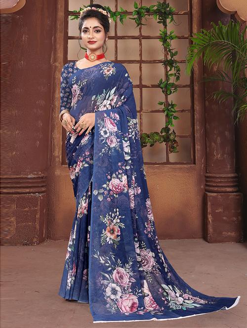 floral printed saree with blouse - 19505816 - Very Small Image - 1