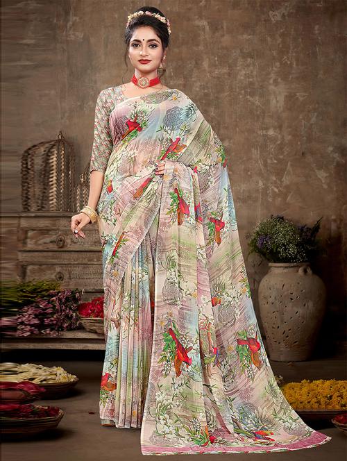 floral printed saree with blouse - 19505817 - Very Small Image - 1