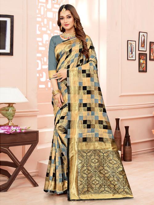 check print woven saree with blouse - 19505867 - Very Small Image - 1