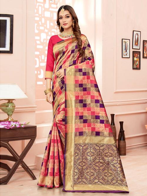 check print woven saree with blouse - 19505868 - Very Small Image - 1
