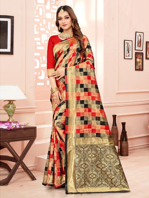 check print woven saree with blouse - 19505870 - Very Small Image - 1