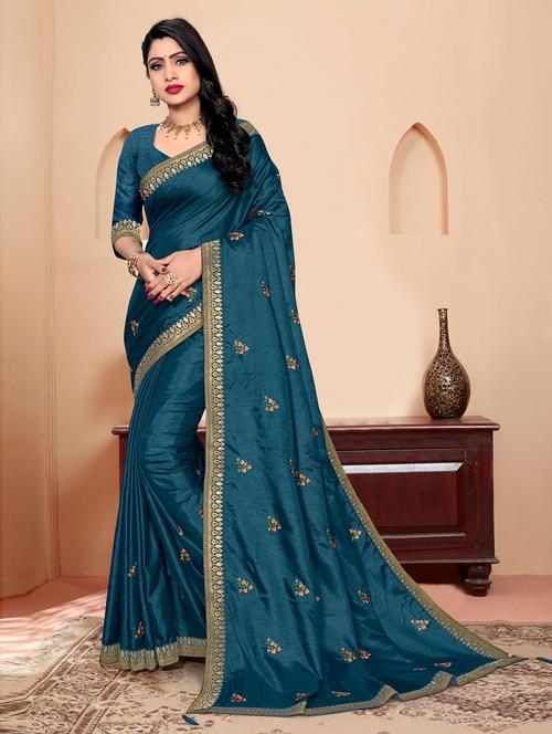 embroidered bordered saree with blouse - 19505886 - Very Small Image - 1