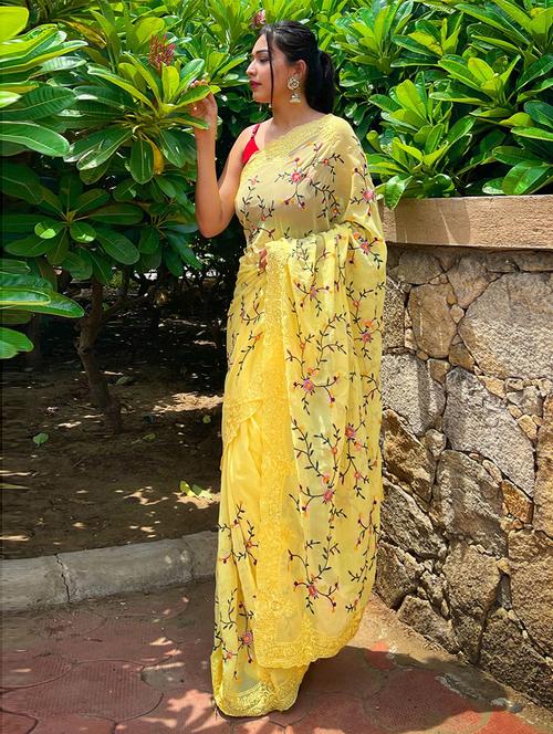 yellow georgette embroidered saree - 19505951 - Very Small Image - 1