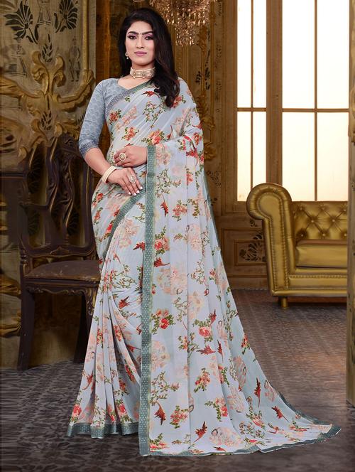floral printed saree with blouse - 19505980 - Very Small Image - 1