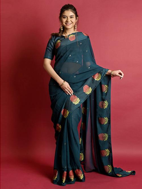 solid bordered saree with blouse - 19506030 - Very Small Image - 1