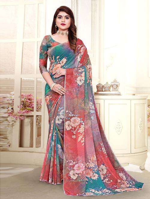 floral printed saree with blouse - 19506050 - Very Small Image - 1