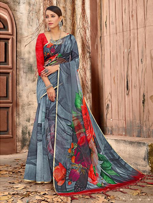 floral printed saree with blouse - 19506060 - Very Small Image - 1