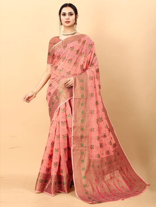 floral handloom saree with blouse - 19506104 - Very Small Image - 1