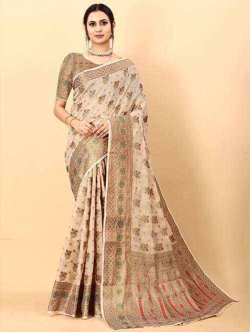 floral handloom saree - 19506106 - Very Small Image - 1