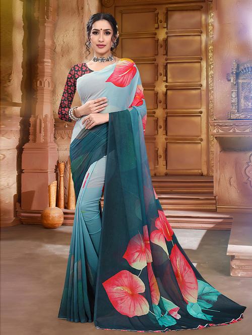 floral printed saree with blouse - 19506120 - Very Small Image - 1