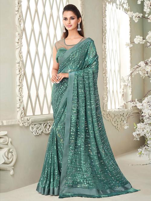 sequin work embroidered saree with blouse - 19506189 - Very Small Image - 1