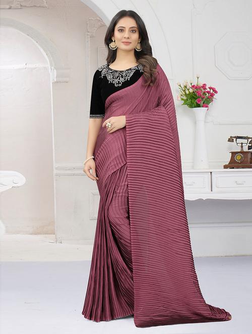 pleated plain saree with blouse - 19506220 - Very Small Image - 1