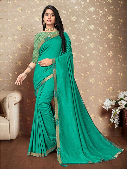 turquoise silk plain saree with blouse - 19506280 - Very Small Image - 1
