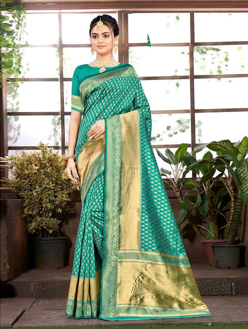 turquoise banarasi saree with blouse - 19506339 - Very Small Image - 1