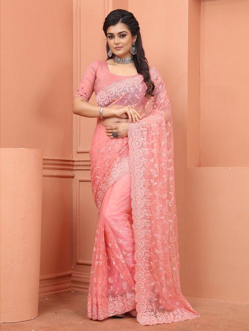 peach embroidered saree with blouse - 19506354 - Very Small Image - 1