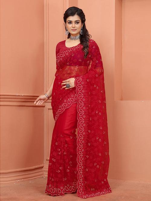 red embroidered saree - 19506360 - Very Small Image - 1