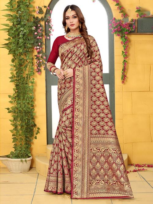 maroon silk saree with blouse - 19506402 - Very Small Image - 1