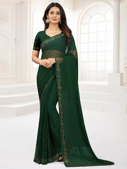 green faux chiffon saree with blouse - 19506416 - Very Small Image - 1