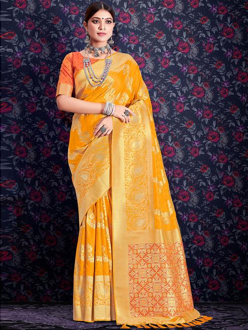 yellow banarasi saree with blouse - 19506417 - Very Small Image - 1