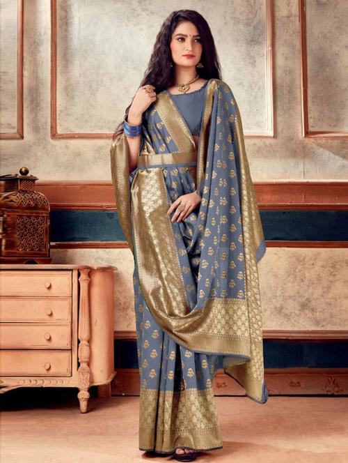solid woven saree with blouse - 19506429 - Very Small Image - 1